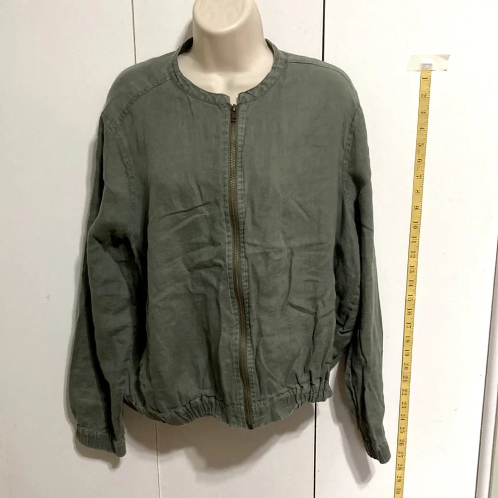 CYNTHIA ROWLEY LINEN Army Green Khaki Bomber Jacket Full Zip Long Sleeves Large